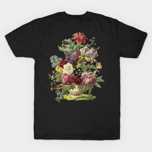 Lush Flower Bouquet in Vase, Vintage Botanical Illustration T-Shirt